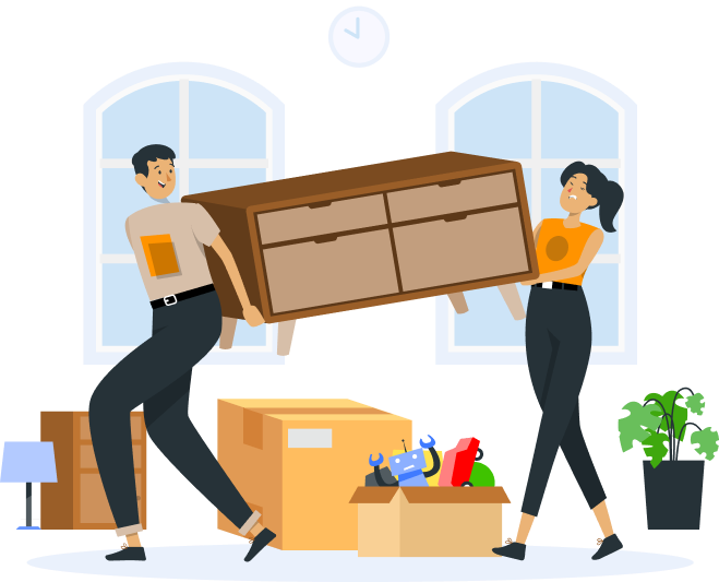 choose how large is your move? boy and girl carry a bedside table